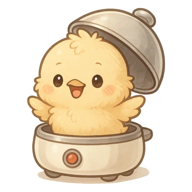 egg cooker with a soft fluffy chick popping out of the lid, chibi style, smiling brightly, soft yellow tones, full-body sticker