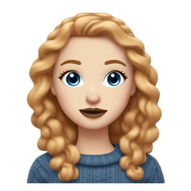 White girl with long, wavy hair a mix between ginger and dirty blonde. Blue eyes long eyelashes rose cheeks and light brown lipstick and bold eyeliner. Wearing cable knit sweater. sticker