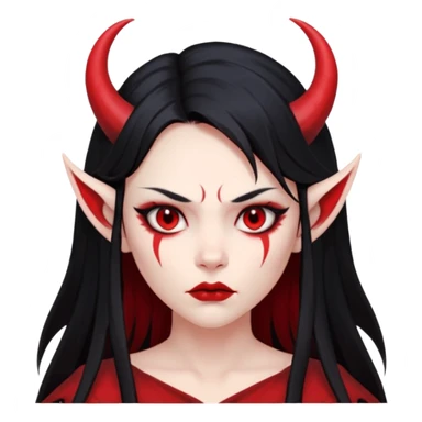Head only: demon girl, 100% red skin, long black hair, small horns, sharp cheekbones, serious eyes, full lips, pointed ear; centered, no body, no text. sticker