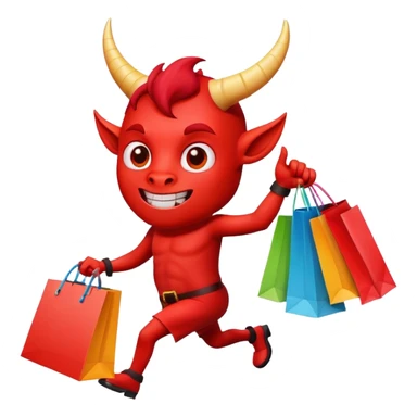 Red devil with horns carrying colorful shopping bags sticker