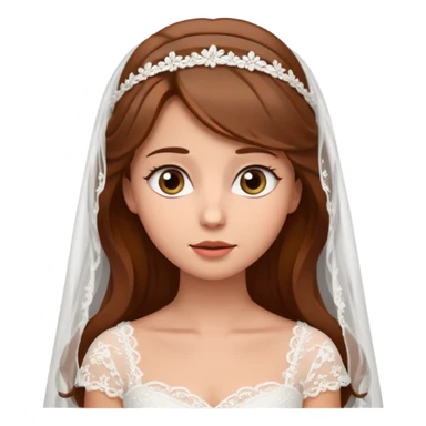 Brown-haired bride in a white wedding dress and veil, eyes looking upward with a curious expression, cute emoji style. sticker