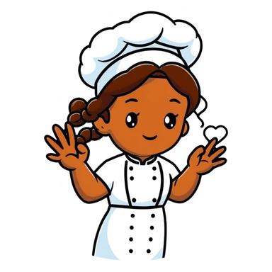 Brown-skinned female chef with long braided brown hair, wearing a chef's hat, with both an angel halo and devil horns, making a heart shape with her hands sticker