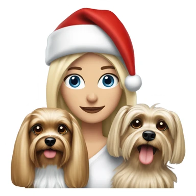 blonde woman blue eyes holding Yorkshire terrier wearing red santa hat standing with George Clooney  sticker