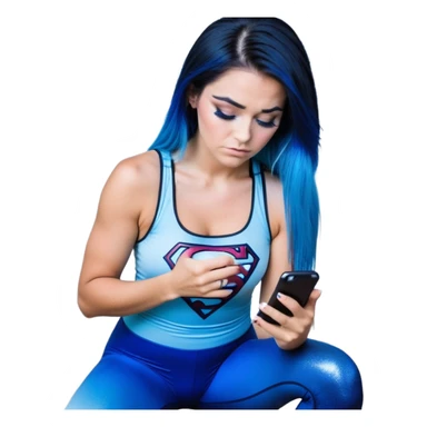 Disapponted-big tears-head back texting on phone-very very large upper body-sexy face-bending forward at waist-very long very straight dark blue to light blue ombre hair-and-blue eyes-thick black eyeliner-long eyelashes-iridescent blue lowcut tanktop with black leggings with glitter superman logo sticker