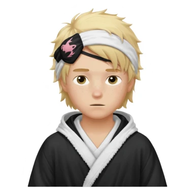 Create a blond boy with long, messy hair, light eyes, a white t-shirt, rich, with long hair, blue eyes, medium-length, voluminous hair, wearing a black Nike bathrobe and a little blush near his nose. and with a balaclava like a ninja and with freckles sticker
