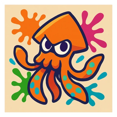 stylized squid character with vibrant ink splashes, inspired by Splatoon, playful pose, colorful, dynamic, cartoon style sticker