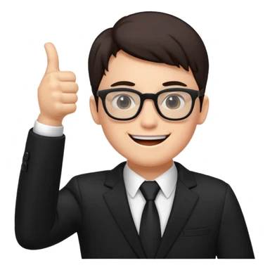 un estudiante con terno negro que este parado con sus lentes guiñando el ojo y CON LAS MANOS HACIA ARRIBA DANDO LIKE sticker