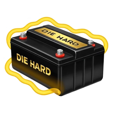 black car battery labeled 'Die Hard' with golden energy waves surrounding it, highlighting its strength sticker