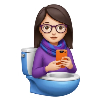 Fille châtain foncé avec lunettes. Elle porte une grosse écharpe violette, bleu et orange. Elle est dans une cuvette de toilette. Téléphone en main. Realiste sticker