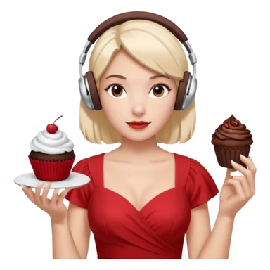 4–5 women at a listening party with a red and silver dress code. One holds a dark chocolate cupcake. Two wear over-ear headphones like AirPods Max. Indoor event lighting, modern and metallic vibe. sticker