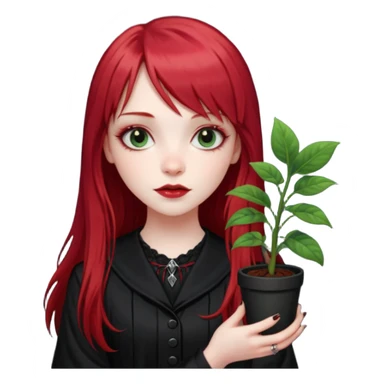 a gothic girl with long red hair and bangs holding a lucky pin and plant sticker