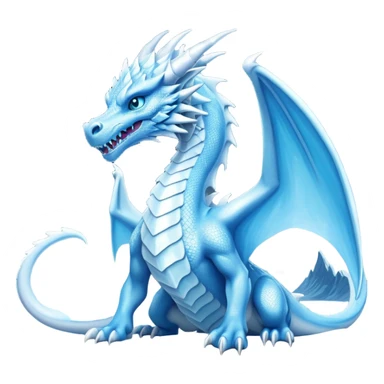 Cinematic Noble wise elegant Ice Dragon full body  Emoji, Poised and imposing, distinct long elegant snout, with a slender, scaled body shimmering in glacial hues of icy blue, frostbitten silver, and crystalline white, breathing out frost, with piercing, glowing ice blue white eyes that radiate the chilling depths of an arctic storm; rendered in detail. excuding wisdom sticker