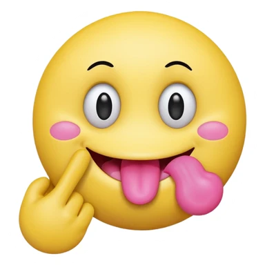 The image is a digital illustration of a yellow smiley face with big, round eyes and a big smile. The face is holding a pink tongue sticking out and making a 67 with its fingers. Above the face, The background is white. Like this but get rid of the text sticker