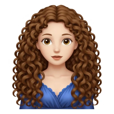 pale woman with brown curly very long hair, middle part. the hair is very very very very very very long, waist length, but you can't see her waist sticker