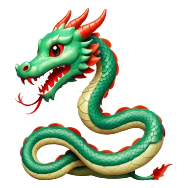 Cinematic Cute Chinese Serpent Dragon Portrait Emoji, Head tilted playfully and inquisitively, showcasing a slender, flowing body with vibrant jade scales and soft vermilion accents intertwined with whimsical wisps of cloud and water details; rendered with realistic finesse and warm natural light, high shine, charming and spirited, styled with a touch of mythic whimsy, soft glowing outline, capturing the essence of a mischievous yet endearing celestial dragon poised to weave magic into your dreams! sticker