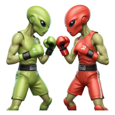 two aliens boxing in a fight stance, facing each other with raised gloves, dynamic action pose, intense expressions, sci-fi arena vibe, 3D cartoon style, mobile game icon style, clean background, no text, no watermark
 sticker
