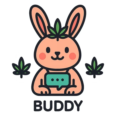 friendly rabbit icon representing an AI assistant named Buddy, with subtle cannabis-themed elements, modern and approachable, suitable for a chatbot specializing in cannabis, clean lines, green color accents sticker