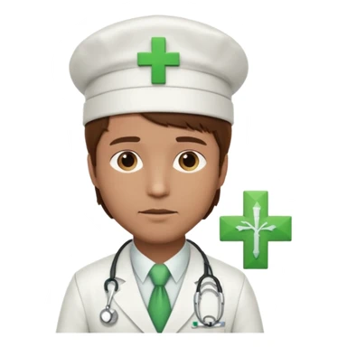 a doctor in white suit with a doctor hat with green cross brown hair man sticker