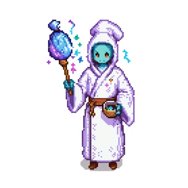 Portrait of a galactic baker in skeuomorphism style, same pose and lighting as previous levels, wearing a nebula-textured robe, holding a galaxy-shaped whisk, glowing flour particles floating around sticker
