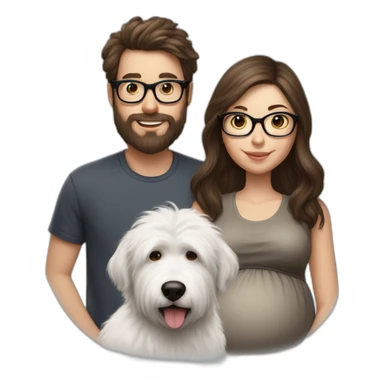Hyperrealist pregnant girl with half long brown hair with glasses, a boy with long beard, glasses and short hair and english sheepdog sticker