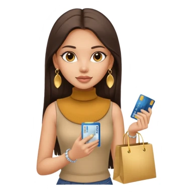 a pretty bratz fair indian girl wearing a beige sleeveless turtleneck, golden earrings, straight ling hair, holding bank cards, dark brown hair, carrying shopping bags sticker