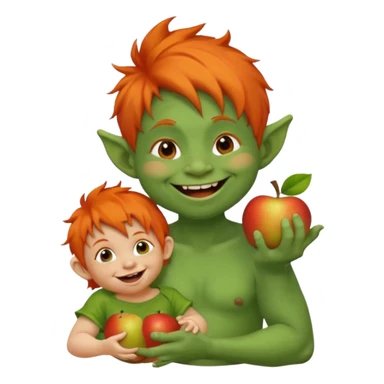 troll with wild hair holding a giggling toddler, apple emoji style sticker
