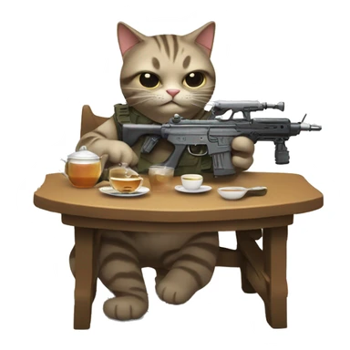 cat spilling tea with machine gun sticker