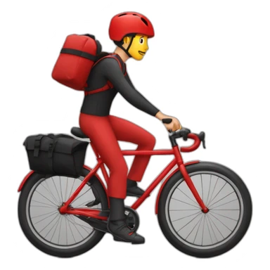 Garçon en tenue rouge sur un vélo noir vélo avec un sac tout rouge cubique, carré sticker