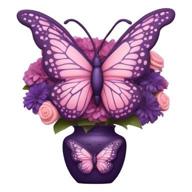 Aesthetic butterfly with purple and pink wings sitting on a dark purple bouquet of Brats in a pastel pink vase  sticker