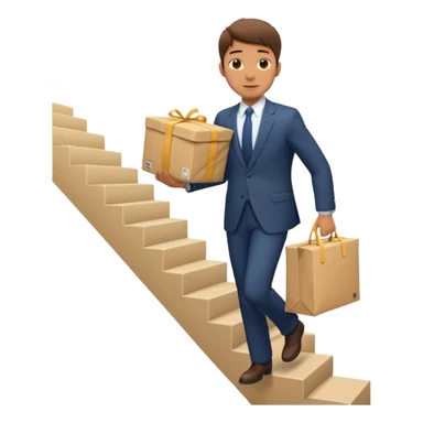 male figure with a large parcel ascending stairs, no text sticker