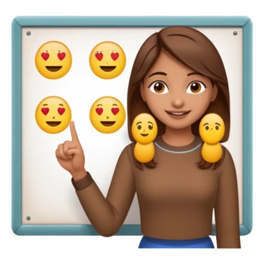 Make an emoji of a Indian origin but fair skinned girl with brown hair who is teaching how to make emojis on a board pointing to the board like a teacher sticker