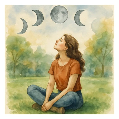 watercolor style of a woman sitting on the grass in a park, looking up, surrounded by the moons of the 4 phases sticker