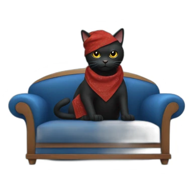 A black cat with a red bandana clawing at a blue sofa sticker