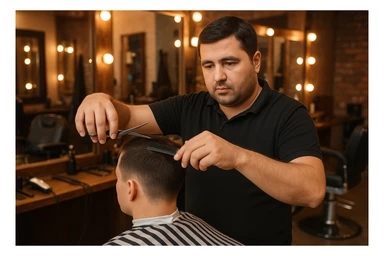 sartaroshxonada mijozlarni sochini olayotganin  tasvirlab ber juda yosh ham katta ham bo'lmasin semiz ham bo'lib ketmasin o'smirin davrini yuzi ko'rinmasin sticker