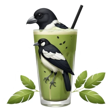 It’s an Australien Magpie (just black and white feathers) sitting on an iced matcha latte on the edge of the glass. It has green matcha on its beak indicating it drank. The iced matxha latte is in a see through glass and white from the oat milk on the bottom and green on top… one straw and ice cubes sticker