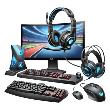 An icon featuring a gaming setup with a high-tech monitor displaying a competitive game, a keyboard, and a gaming mouse. The design includes a headset and a trophy, symbolizing victory and skill in esports. Transparent background highlights the energy and precision of professional gaming. sticker