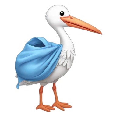 White stork carrying a blue bundle of cloth in its big beak that has a cute human person cute baby boy inside and his head is peeking from the fabric the strok is carrying in its beak sticker