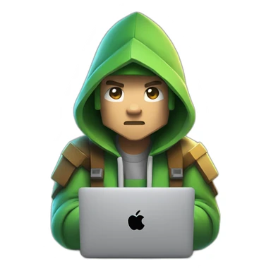 minecraft coder typing on macbook aggressively wearing a hoodie and the macbook apple logo is a creeper face instead sticker