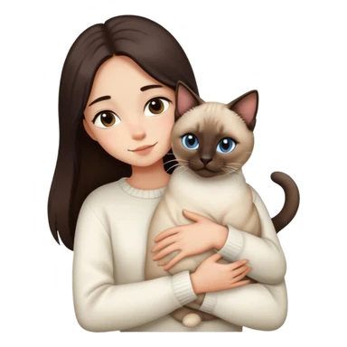 a girl with long dark brown hair, in a white sweater, hugs a Siamese cat sticker