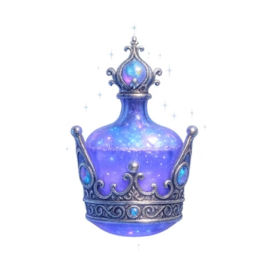 small luxurious crystal elixir bottle in crown shape, color #7986cb, ornate silver and iridescent details, maximum magical glowing and sparkling effects, very small neck, seamless bottom, bottle clearly floating in air, no base or shadow, modern, collection style sticker