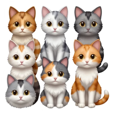 6 realistic looking cats with different natural coloured coats, assorted grey and white, greys, calico, brown and white colours etc
 sticker
