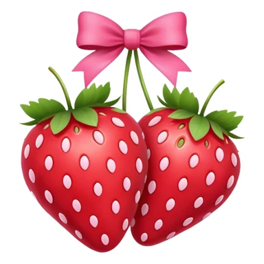 Two strawberries with a pink bow on the stem, with a pink background and white dots sticker