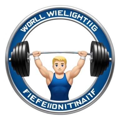 An emblem representing the World Weightlifting Federation with a stylized barbell and global elements. Bold text and clean lines symbolize strength, unity, and competition. Modern, dynamic design with a transparent background. sticker