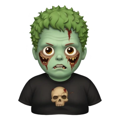 a zombie boy with brown curly hair and a fat double chin, with black t shirt sticker