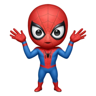 A cute caricature Spider-Man emoji, chibi style, oversized head and tiny body, big expressive white eyes, simplified red and blue suit, thick black outlines, glossy cartoon shading, friendly playful expression, clean vector style, centered face, emoji-sized, transparent background sticker