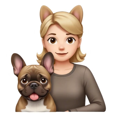 can you make an emoji of a girl with brownish light hair with a frenchie that is brindle and she is smiling and the dog is staring confused at the camera a sticker