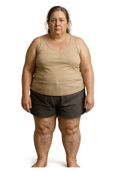 donna realistica leggermente in sovrappeso con vene visibili sulle gambe e gambe gonfie, iperrealistica 4k, IPERREALISTICA 4K sticker