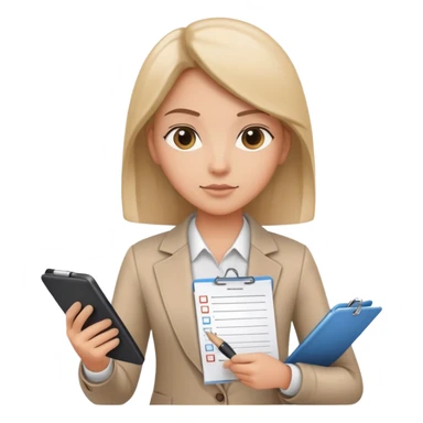 A person holding a checklist and pen is wearing smart casual clothing. The character is in a focused pose sticker