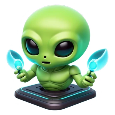 Clash of Clans aesthetic: Cinematic Playful 3D Isometric Alien Emoji, rendered in a 3D vector-style similar to standard emojis with minimal shading and bold, simplified shapes. A compact, distinct form with signature details, softly glowing with a futuristic sci-fi warfare charm. Simplified yet unmistakably iconic, highly detailed and consistent, glowing with a soft radiance and high shine. Stylized with a touch of high-tech brilliance and a soft glowing outline, capturing the essence of a beloved gaming relic with a friendly, playful manner! sticker