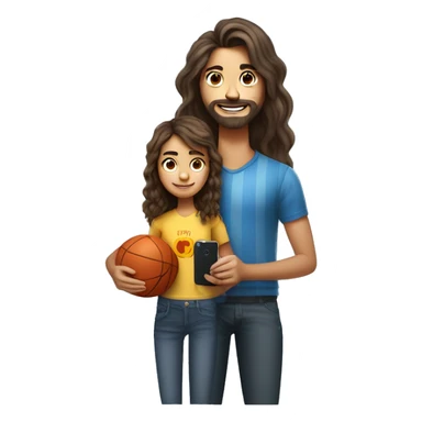 dibujo estilo pixar de un hombre, con barba, el pelo gris, una mujer con el pelo rizado y castaño. Una hija de 17 años el pelo liso castaño con un iPhone en la mano. Un hijo de 10 años con un balón de futbol en la mano. sticker